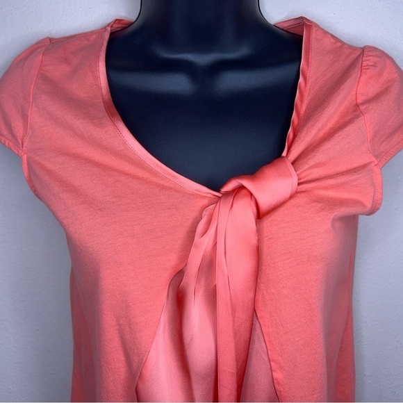 XS MNG ORANGE TOP SATIN ACCENT SHORT SLEEVE STRETCH VIBRANT - Picture 2 of 9